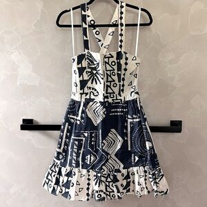 French Connection Geometric Linen Dress - Blue and White
